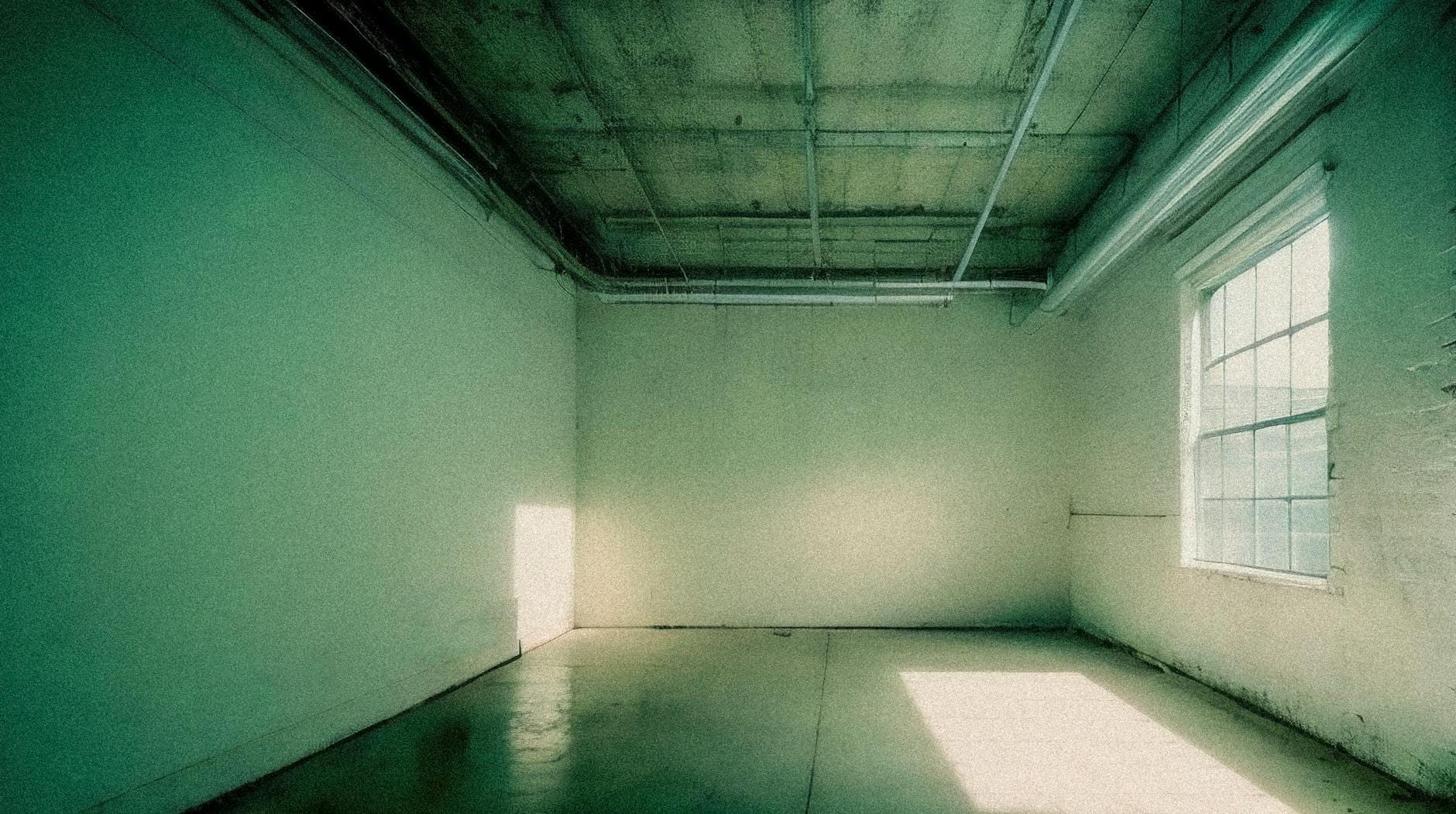 Pusty loft z betonowymi ścianami i dużym oknem w ostrym świetle dziennym